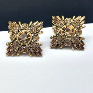 Vintage Bijoux New York Art Deco Gold-Tone Clip-On Earrings With Chaton Rhinesto